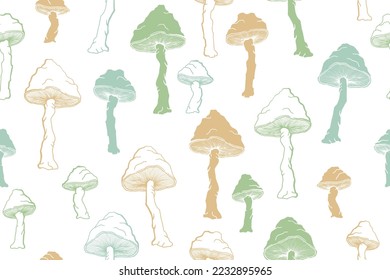 Agaric choky mushrooms seamless pattern illustration. Fairy forest fungus isolated. Pale toadstool or amanita mushrooms print. Agaric sketch. Fabric print background.