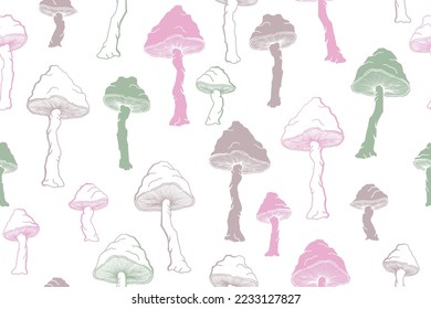 Agaric choky mushrooms seamless pattern illustration. Fairy forest fungus isolated. Pale toadstool or amanita mushrooms print. Agaric sketch. Textile print background.