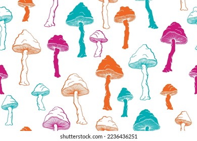 Agaric choky mushrooms seamless pattern illustration. Fantasy forest fungus isolated. Pale toadstool or amanita mushrooms print. Agaric doodle. Textile print background.