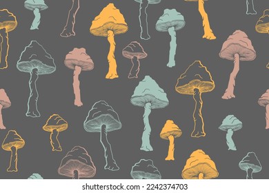 Agaric choky mushrooms seamless pattern illustration. Magic forest fungus isolated. Pale toadstool or amanita mushrooms print. Agaric doodle. Fabric print background.