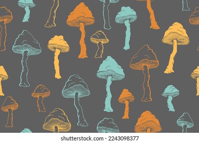 Agaric choky mushrooms seamless pattern illustration. Mystery forest fungus isolated. Pale toadstool or amanita mushrooms print. Agaric doodle. Fabric print background.