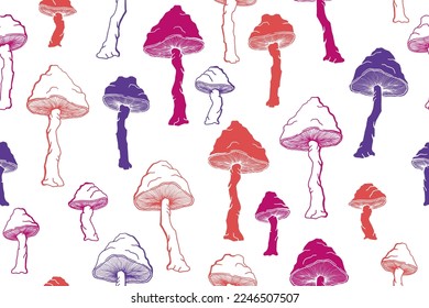 Las setas de choky ágaro son una perfecta ilustración del patrón. El hongo del bosque mágico aislado. Impresión de toadstool pálido o hongos amanita. Esbozo de arte. Fondo de impresión textil.