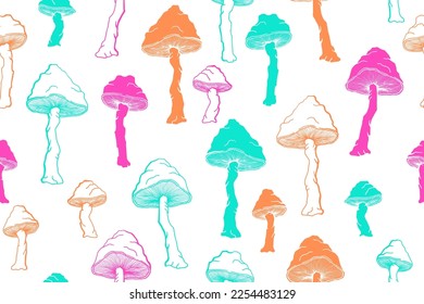 Agaric choky mushrooms seamless pattern illustration. Fairy forest fungus isolated. Pale toadstool or amanita mushrooms print. Agaric doodle. Fabric print background.