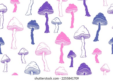 Las setas de choky ágaro son una perfecta ilustración del patrón. Hongo de bosque de hadas aislado. Impresión de toadstool pálido o hongos amanita. Esbozo de arte. Fondo de impresión textil.