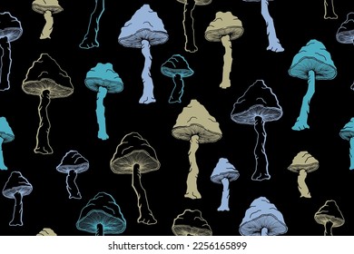 Agaric choky mushrooms seamless pattern illustration. Fantasy forest fungus isolated. Pale toadstool or amanita mushrooms print. Agaric sketch. Textile print background.