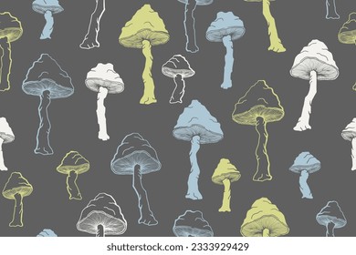 Las setas de choky ágaro son una perfecta ilustración del patrón. El hongo del bosque misterioso aislado. Impresión de toadstool pálido o hongos amanita. Doodle ágaro. Fondo de impresión textil.