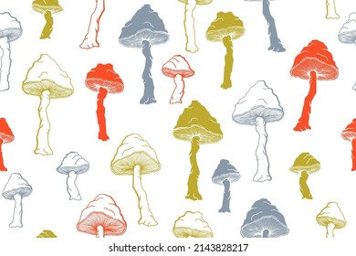 Agaric inedible mushrooms seamless pattern illustration. Mystery forest fungus isolated. Pale toadstool or amanita mushrooms print. Agaric doodle. Textile print background.