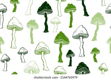 Agaric inedible mushrooms seamless pattern illustration. Mystery forest fungus isolated. Pale toadstool or amanita mushrooms print. Agaric doodle. Textile print background.