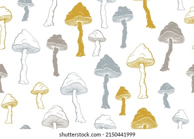 Agaric inedible mushrooms seamless pattern illustration. Fairy forest fungus isolated. Pale toadstool or amanita mushrooms print. Agaric sketch. Textile print background.