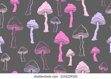 Agaric inedible mushrooms seamless pattern illustration. Magic forest fungus isolated. Pale toadstool or amanita mushrooms print. Agaric doodle. Fabric print background.