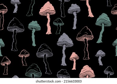 Agaric inedible mushrooms seamless pattern illustration. Fairy forest fungus isolated. Pale toadstool or amanita mushrooms print. Agaric doodle. Textile print background.