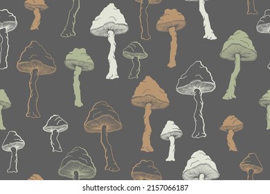 Unverdauliche Agropilze nahtlose Mustergrafik. Fantasy-Waldpilz einzeln. Blassknötchen oder Amanita-Pilze drucken. Agarische Skizze. Stoffdruck-Hintergrund.
