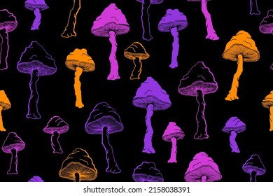 Agaric inedible mushrooms seamless pattern illustration. Fantasy forest fungus isolated. Pale toadstool or amanita mushrooms print. Agaric sketch. Fabric print background.