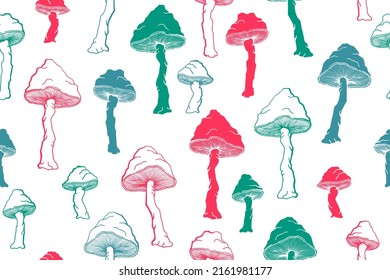 Agaric inedible mushrooms seamless pattern illustration. Fantasy forest fungus isolated. Pale toadstool or amanita mushrooms print. Agaric sketch. Textile print background.