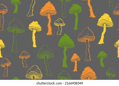 Agaric inedible mushrooms seamless pattern illustration. Fairy forest fungus isolated. Pale toadstool or amanita mushrooms print. Agaric sketch. Fabric print background.