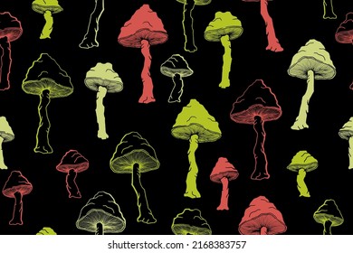 Agaric inedible mushrooms seamless pattern illustration. Mystery forest fungus isolated. Pale toadstool or amanita mushrooms print. Agaric doodle. Fabric print background.