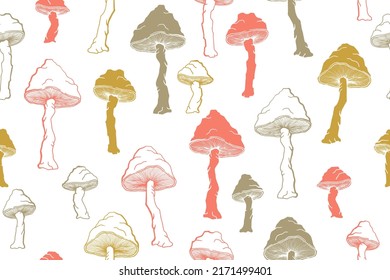 Agaric inedible mushrooms seamless pattern illustration. Magic forest fungus isolated. Pale toadstool or amanita mushrooms print. Agaric sketch. Fabric print background.