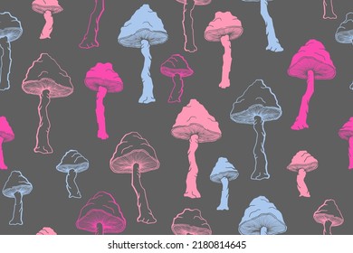 Agaric inedible mushrooms seamless pattern illustration. Magic forest fungus isolated. Pale toadstool or amanita mushrooms print. Agaric sketch. Fabric print background.