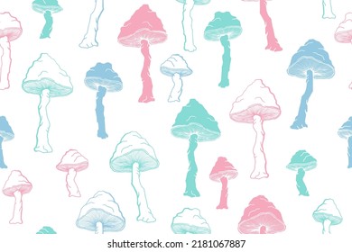 Agaric inedible mushrooms seamless pattern illustration. Magic forest fungus isolated. Pale toadstool or amanita mushrooms print. Agaric doodle. Textile print background.