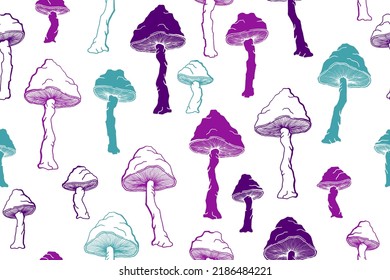 Agaric inedible mushrooms seamless pattern illustration. Fairy forest fungus isolated. Pale toadstool or amanita mushrooms print. Agaric doodle. Textile print background.