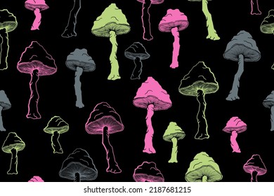 Agaric inedible mushrooms seamless pattern illustration. Mystery forest fungus isolated. Pale toadstool or amanita mushrooms print. Agaric doodle. Fabric print background.