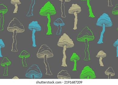 Agaric inedible mushrooms seamless pattern illustration. Fairy forest fungus isolated. Pale toadstool or amanita mushrooms print. Agaric doodle. Fabric print background.