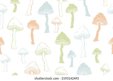 Agaric inedible mushrooms seamless pattern illustration. Fantasy forest fungus isolated. Pale toadstool or amanita mushrooms print. Agaric sketch. Fabric print background.