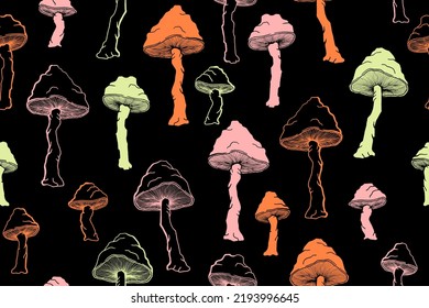 Agaric inedible mushrooms seamless pattern illustration. Fairy forest fungus isolated. Pale toadstool or amanita mushrooms print. Agaric sketch. Textile print background.