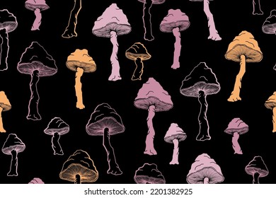 Agaric inedible mushrooms seamless pattern illustration. Magic forest fungus isolated. Pale toadstool or amanita mushrooms print. Agaric doodle. Textile print background.