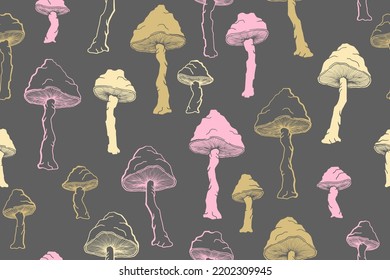 Agaric inedible mushrooms seamless pattern illustration. Magic forest fungus isolated. Pale toadstool or amanita mushrooms print. Agaric sketch. Fabric print background.