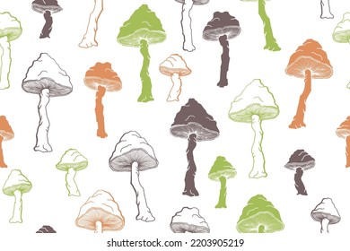 Agaric inedible mushrooms seamless pattern illustration. Fantasy forest fungus isolated. Pale toadstool or amanita mushrooms print. Agaric sketch. Textile print background.