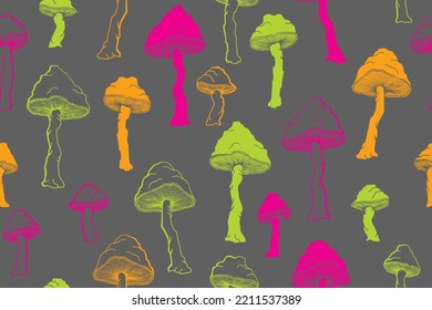 Agaric inedible mushrooms seamless pattern illustration. Mystery forest fungus isolated. Pale toadstool or amanita mushrooms print. Agaric sketch. Textile print background.