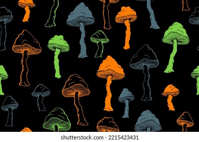 Las setas ágaras incomestibles ilustran perfectamente el patrón. Hongo de bosque de hadas aislado. Impresión de toadstool pálido o hongos amanita. Doodle ágaro. Fondo de impresión de tejido.