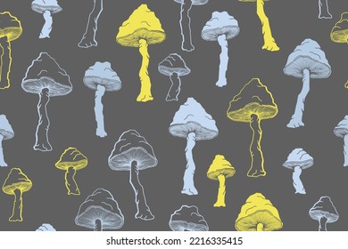 Agaric inedible mushrooms seamless pattern illustration. Magic forest fungus isolated. Pale toadstool or amanita mushrooms print. Agaric doodle. Fabric print background.