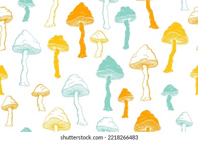 Agaric inedible mushrooms seamless pattern illustration. Mystery forest fungus isolated. Pale toadstool or amanita mushrooms print. Agaric sketch. Fabric print background.