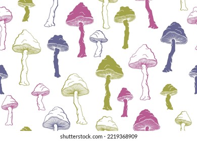 Agaric inedible mushrooms seamless pattern illustration. Fairy forest fungus isolated. Pale toadstool or amanita mushrooms print. Agaric sketch. Fabric print background.