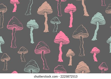 Unverdauliche Agropilze nahtlose Mustergrafik. Magischer Waldpilz einzeln. Blassknötchen oder Amanita-Pilze drucken. Agarische Skizze. Stoffdruck-Hintergrund.