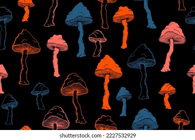 Agaric inedible mushrooms seamless pattern illustration. Magic forest fungus isolated. Pale toadstool or amanita mushrooms print. Agaric doodle. Fabric print background.