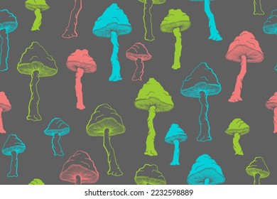 Agaric inedible mushrooms seamless pattern illustration. Fairy forest fungus isolated. Pale toadstool or amanita mushrooms print. Agaric sketch. Fabric print background.