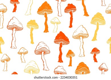 Agaric inedible mushrooms seamless pattern illustration. Fairy forest fungus isolated. Pale toadstool or amanita mushrooms print. Agaric doodle. Fabric print background.