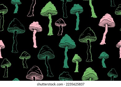 Agaric inedible mushrooms seamless pattern illustration. Fairy forest fungus isolated. Pale toadstool or amanita mushrooms print. Agaric sketch. Textile print background.