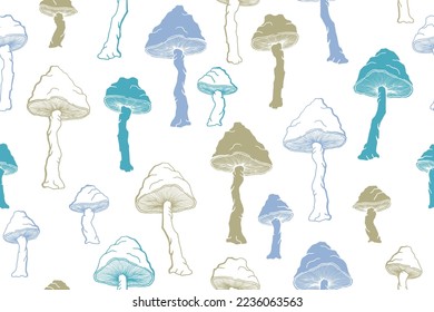 Agaric inedible mushrooms seamless pattern illustration. Fairy forest fungus isolated. Pale toadstool or amanita mushrooms print. Agaric sketch. Textile print background.