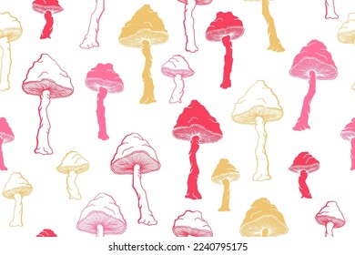 Agaric inedible mushrooms seamless pattern illustration. Mystery forest fungus isolated. Pale toadstool or amanita mushrooms print. Agaric sketch. Textile print background.