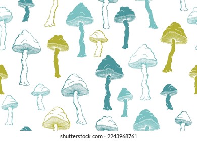 Agaric inedible mushrooms seamless pattern illustration. Fairy forest fungus isolated. Pale toadstool or amanita mushrooms print. Agaric doodle. Textile print background.