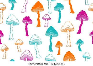 Agaric inedible mushrooms seamless pattern illustration. Fantasy forest fungus isolated. Pale toadstool or amanita mushrooms print. Agaric doodle. Fabric print background.