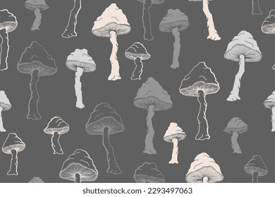 Agaric inedible mushrooms seamless pattern illustration. Mystery forest fungus isolated. Pale toadstool or amanita mushrooms print. Agaric sketch. Textile print background.