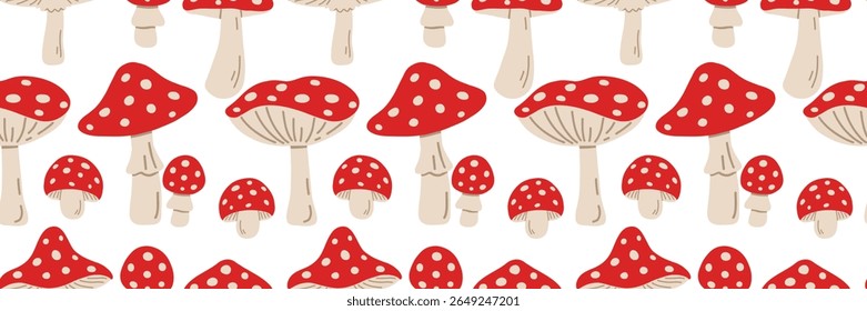 Cogumelos agáricos padrão sem costura. Cogumelos isolados de outono. Quadrado padrão de repetição de design plano para a temporada de queda. Amanita Muscaria, Cogumelos Vermelhos, Cogumelo Mágico.