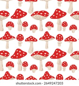 Cogumelos agáricos padrão sem costura. Cogumelos isolados de outono. Quadrado padrão de repetição de design plano para a temporada de queda. Amanita Muscaria, Cogumelos Vermelhos, Cogumelo Mágico.