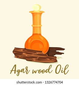 Agarwood oil at glassware bottle. Agar wood and chops. Natural aloeswood or organic gharuwood for islamic incense or perfume. Oud oil or muslim, arab cosmetic in jar. Fragrance and arabic theme