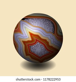 Agate. Ball of stone. Precious stone, gemstone, mineral. Section of druses. Vector illustration. Texture of layers of stone. Geology mining science jewelry background